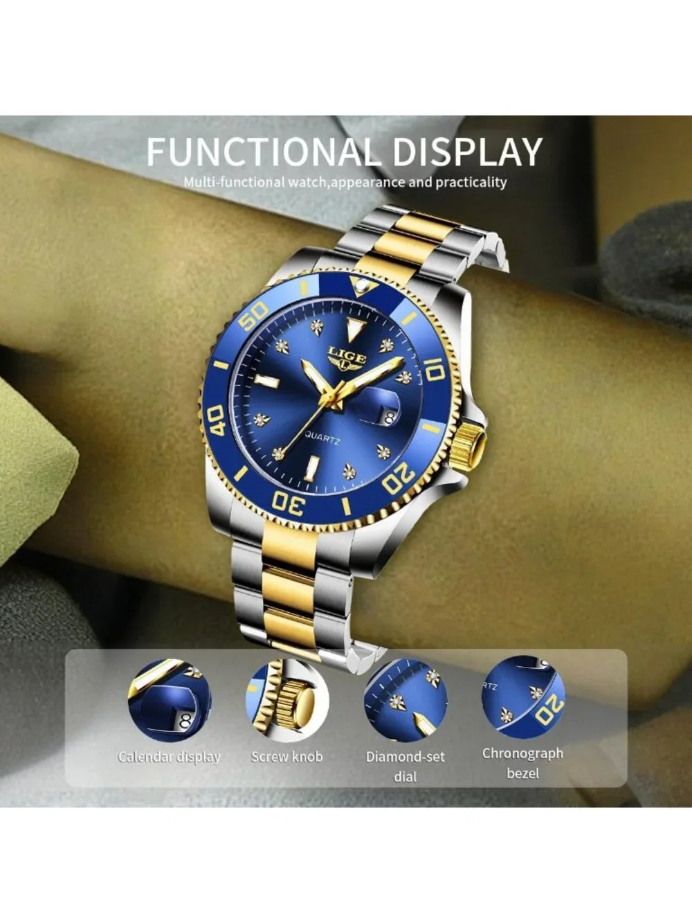 Men's Silver Gold Blue Quartz Analog Stainless Steel Waterproof Date Wristwatch